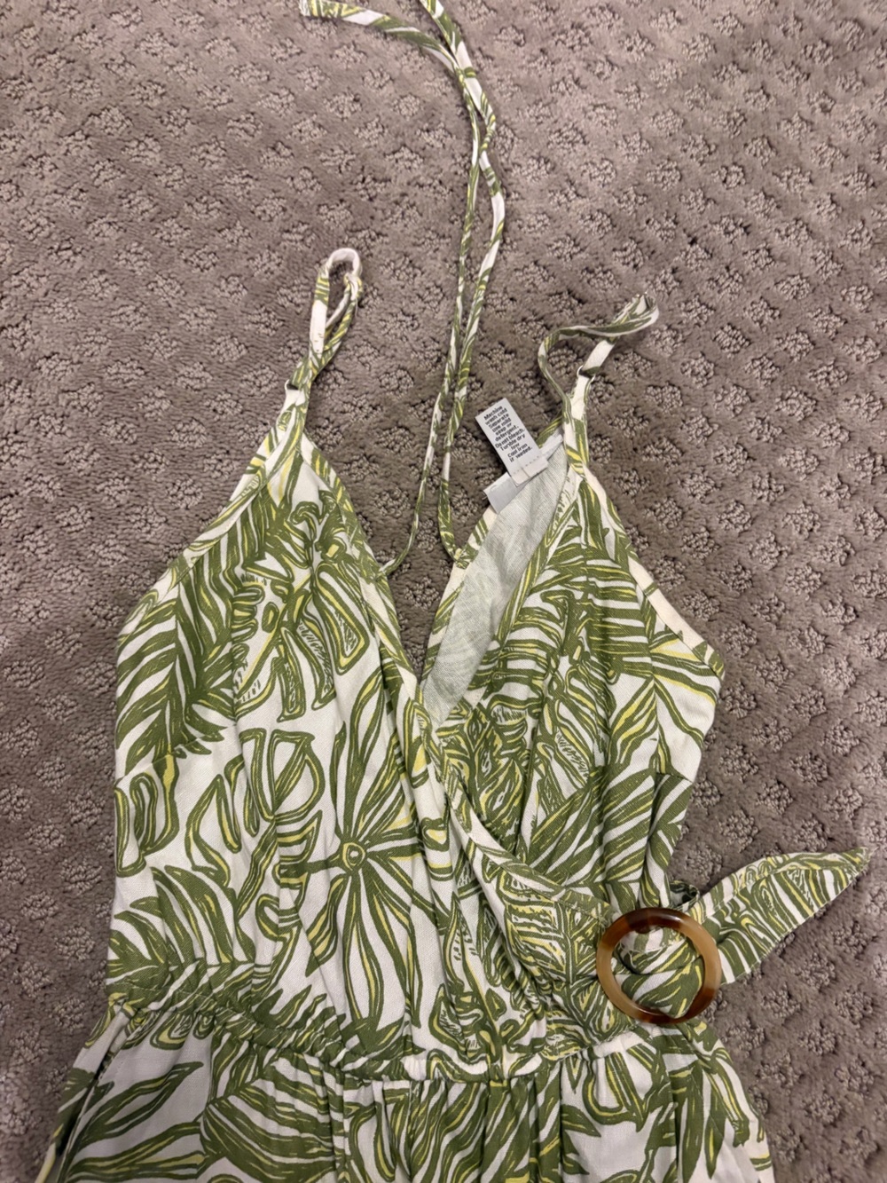 Green Leaf Print Womens Jumpsuit with Tie Waist - Picture 3 of 3